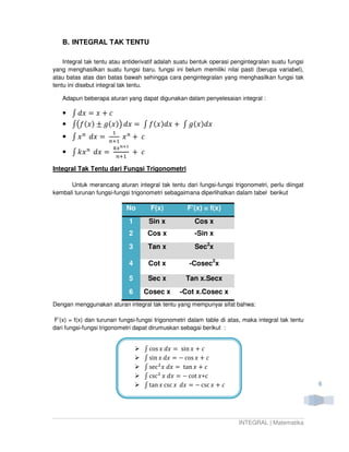 B. INTEGRAL TAK TENTU

    Integral tak tentu atau antiderivatif adalah suatu bentuk operasi pengintegralan suatu fungsi
yang menghasilkan suatu fungsi baru. fungsi ini belum memiliki nilai pasti (berupa variabel),
atau batas atas dan batas bawah sehingga cara pengintegralan yang menghasilkan fungsi tak
tentu ini disebut integral tak tentu.

   Adapun beberapa aturan yang dapat digunakan dalam penyelesaian integral :

   • ‫ ݔ = ݔ݀ ׬‬൅ ܿ
   • ‫׬‬൫݂ (‫ )ݔ‬േ ݃(‫)ݔ‬൯ ݀‫ ݔ݀)ݔ(݂ ׬ = ݔ‬൅ ‫ݔ݀)ݔ(݃ ׬‬
                       ଵ
   • ‫ ݔ ׬‬௡ ݀‫= ݔ‬           ‫ݔ‬௡     ൅ ܿ
                     ௡ାଵ
                      ௞௫ ೙శభ
   • ‫ ݔ݇ ׬‬௡ ݀‫= ݔ‬                 ൅ ܿ
                           ௡ାଵ

Integral Tak Tentu dari Fungsi Trigonometri

      Untuk merancang aturan integral tak tentu dari fungsi-fungsi trigonometri, perlu diingat
kembali turunan fungsi-fungsi trigonometri sebagaimana diperlihatkan dalam tabel berikut

                             No        F(x)          F’(x) = f(x)
                                 1     Sin x           Cos x
                                 2     Cos x           -Sin x
                                 3     Tan x           Sec2x

                                 4     Cot x         -Cosec2x

                                 5     Sec x        Tan x.Secx
                                 6   Cosec x      -Cot x.Cosec x
Dengan menggunakan aturan integral tak tentu yang mempunyai sifat bahwa:

F’(x) = f(x) dan turunan fungsi-fungsi trigonometri dalam table di atas, maka integral tak tentu
dari fungsi-fungsi trigonometri dapat dirumuskan sebagai berikut :


                                     ‫ ׬‬cos ‫ = ݔ݀ ݔ‬sin ‫ ݔ‬൅ ܿ
                                     ‫ ׬‬sin ‫ = ݔ݀ ݔ‬െ cos ‫ ݔ‬൅ ܿ
                                     ‫ ׬‬sec ଶ ‫ = ݔ݀ ݔ‬tan ‫ ݔ‬൅ ܿ
                                     ‫ ׬‬csc ଶ ‫ = ݔ݀ ݔ‬െ cot ‫+ݔ‬c
                                     ‫ ׬‬tan ‫ ݔ‬csc ‫ = ݔ݀ ݔ‬െ csc ‫ ݔ‬൅ ܿ                                 6




                                                                       INTEGRAL | Matematika
 