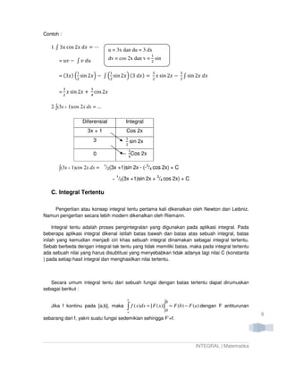 Contoh :

   1. ‫ ݔ3 ׬‬cos 2‫ڮ = ݔ݀ ݔ‬
                                     u = 3x dan du = 3 dx
                                                               ଵ
       = ‫ ݒݑ‬െ ‫ݑ݀ ݒ ׬‬                 dv = cos 2x dan v = ଶ sin
                                     2x
                ଵ                    ଵ                         ଷ                ଷ
       = (3‫ ) ݔ‬ቀଶ sin 2‫ݔ‬ቁ െ ‫ ׬‬ቀଶ sin 2‫ݔ‬ቁ (3 ݀‫= ) ݔ‬             ଶ
                                                                   ‫ ݔ‬sin 2‫ ݔ‬െ   ଶ
                                                                                    ‫ ׬‬sin 2‫ݔ݀ ݔ‬

           ଷ            ଷ
       = ଶ ‫ ݔ‬sin 2‫ ݔ‬൅   ସ
                            cos 2‫ݔ‬

   2. ∫(3x + 1)cos 2x dx = ...

                    Diferensial                   Integral
                      3x + 1                      Cos 2x
                                                  ଵ
                            3                         sin 2x
                                                  ଶ
                                                      ଵ
                            0                    െ Cos 2x
                                                      ସ

                                 1
       ∫(3x + 1)cos 2x dx =      /2(3x +1)sin 2x - (-3/4 cos 2x) + C
                                             1
                                         =   /2(3x +1)sin 2x + 3/4 cos 2x) + C

   C. Integral Tertentu

    Pengertian atau konsep integral tentu pertama kali dikenalkan oleh Newton dan Leibniz.
Namun pengertian secara lebih modern dikenalkan oleh Riemann.

     Integral tentu adalah proses pengintegralan yang digunakan pada aplikasi integral. Pada
beberapa aplikasi integral dikenal istilah batas bawah dan batas atas sebuah integral, batas
inilah yang kemudian menjadi ciri khas sebuah integral dinamakan sebagai integral tertentu.
Sebab berbeda dengan integral tak tentu yang tidak memiliki batas, maka pada integral tertentu
ada sebuah nilai yang harus disubtitusi yang menyebabkan tidak adanya lagi nilai C (konstanta
) pada setiap hasil integral dan menghasilkan nilai tertentu.



   Secara umum integral tentu dari sebuah fungsi dengan batas tertentu dapat dirumuskan
sebagai berikut :

                                                  b
                                                                       b
   Jika f kontinu pada [a,b], maka                ∫ f ( x)dx = [ F ( x)] a = F (b) − F (a) dengan
                                                  a
                                                                                                    F antiturunan
                                                                                                                    9
sebarang dari f, yakni suatu fungsi sedemikian sehingga F’=f.




                                                                                         INTEGRAL | Matematika
 