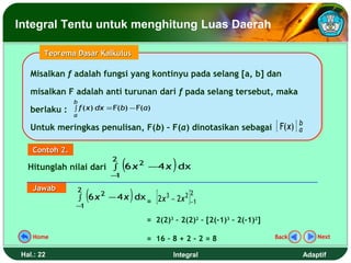 Integral Tentu untuk menghitung Luas Daerah

       Teorema Dasar Kalkulus

   Misalkan f adalah fungsi yang kontinyu pada selang [a, b] dan
   Misalkan f adalah fungsi yang kontinyu pada selang [a, b] dan
   misalkan F adalah anti turunan dari f pada selang tersebut, maka
   misalkan F adalah anti turunan dari f pada selang tersebut, maka
               b
   berlaku :
   berlaku :   ∫ f ( x) dx = F(b) − F(a)
               a

   Untuk meringkas penulisan, F(b) – F(a) dinotasikan sebagai [ F(x) ] a
                                                                       b
   Untuk meringkas penulisan, F(b) – F(a) dinotasikan sebagai

   Contoh 2.
                            2
                            2
                                 (
  Hitunglah nilai dari ∫ 6 x −4 x dx             )
                            −1


                       (             )
   Jawab
                                            [         ]
                   2                                      2
                        2
                   ∫ 6 x − 4 x dx = 2 x 3 − 2 x 2 − 1
               −1

                                         = 2(2)3 – 2(2)2 – [2(-1)3 – 2(-1)2]

   Home                                  = 16 – 8 + 2 - 2 = 8                  Back       Next


Hal.: 22                                         Integral                             Adaptif
 