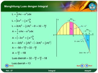 Menghitung Luas dengan Integral

            4
        L = ∫ (4 x − x 2 ) dx
            0

            [
        L = 2x 2 − 3 x 3
                   1
                                   ]
                                   4
                                   0
                                                                          y   ∆xi



        L = 2(4)2 − 3 (4)3 − 0 = 32 − 64
                    1
                                       3
                                                                                                    4 xi − xi 2
                                                                              Li
              5                                                                                                   ∆xj
                               2
        A = ∫ − 4 x − x ) dx
               (
              4                                                                                       4      xj         5      x
                                                                     0
                [                      ]
                                       5                                            xi
        A = − 2x 2 + 3 x 3
                     1
                                           4                                                                       Aj

        A = −2(5)2 + 3 (5)3 − − 2(4)2 + 3 (4)3
                     1                  1
                                               (                 )                       0 − (4 x − x 2 )



        A = −50 + 125 + 32 − 64
                   3          3

                    61
        A =         3
                         −18                                                                     f ( x) = 4 x − x 2


        Luas daerah = 32 − 64 +
                            3
                                                   61
                                                   3
                                                        − 18

       Luas daerah = 13
    Home                                                                                    Back                        Next


 Hal.: 27                                                      Integral                                     Adaptif
 