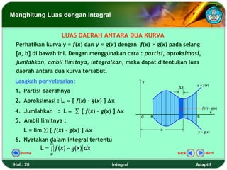 Menghitung Luas dengan Integral


                        LUAS DAERAH ANTARA DUA KURVA
  Perhatikan kurva y = f(x) dan y = g(x) dengan f(x) > g(x) pada selang
  [a, b] di bawah ini. Dengan menggunakan cara : partisi, aproksimasi,
  jumlahkan, ambil limitnya, integralkan, maka dapat ditentukan luas
  daerah antara dua kurva tersebut.
 Langkah penyelesaian:                              y
                                                                       y = f (x)
                                                                ∆x
 1. Partisi daerahnya
 2. Aproksimasi : Li ≈ [ f(x) – g(x) ] ∆x
                                                                Li         f (x) − g(x)
 4. Jumlahkan : L ≈ ∑ [ f(x) – g(x) ] ∆x                                           x
                                                    0   a              b
 5. Ambil limitnya :
      L = lim ∑ [ f(x) – g(x) ] ∆x                          x
                                                                        y = g(x)

 6. Nyatakan dalam integral tertentu
                 b
            L=   ∫   [ f(x) − g(x)] dx
    Home         a                                              Back         Next


 Hal.: 28                                Integral                      Adaptif
 