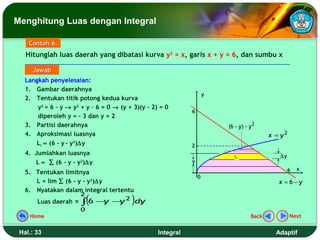 Menghitung Luas dengan Integral

    Contoh 6.
   Hitunglah luas daerah yang dibatasi kurva y2 = x, garis x + y = 6, dan sumbu x

     Jawab
   Langkah penyelesaian:
   1. Gambar daerahnya
                                                                      y
   2. Tentukan titik potong kedua kurva
       y2 = 6 – y → y2 + y – 6 = 0 → (y + 3)(y – 2) = 0
                                                              6
       diperoleh y = - 3 dan y = 2
   3. Partisi daerahnya                                                   (6 − y) − y 2
   4. Aproksimasi luasnya                                                                   x = y2
      Li ≈ (6 - y - y2)∆y                                     2
   4. Jumlahkan luasnya                                                                        ∆y
                                                                            Li
      L ≈ ∑ (6 - y - y2)∆y                                    y
                                                                                                    6   x
   5. Tentukan limitnya
                                                                  0
      L = lim ∑ (6 - y - y2)∆y                                                                 x =6−y
   6. Nyatakan dalam integral tertentu

                       ∫(6 −y            )
                       2
       Luas daerah =              −y 2 dy
                       0
    Home                                                                             Back            Next


 Hal.: 33                                          Integral                                   Adaptif
 