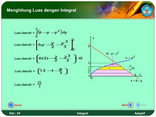Menghitung Luas dengan Integral




                    ∫(6 −y       )
                    2
    Luas daerah =            −y 2 dy
                    0
                                                               y
                                        2
                             y3 
                                      
                     y    y
    Luas daerah =   6     − −
                          2  3                       6
                    
                               
                                0
                                                                   (6 − y) − y 2
                           23  0
                             
                         2
    Luas daerah =  (2) − −
                   6           −                                                     x = y2
                        2  3 
                                                     2
                                                                      Li                  ∆y
                    
                     12    1 8
                          −−                          y
    Luas daerah =   
                            3                                                                    x
                                                                                               6
                                                           0
                                                                                          x =6−y
                  25
    Luas daerah =
                   3




    Home                                                                           Back                Next


 Hal.: 34                                   Integral                                           Adaptif
 