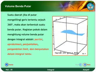 Volume Benda Putar


  Suatu daerah jika di putar

  mengelilingi garis tertentu sejauh

  360º, maka akan terbentuk suatu

  benda putar. Kegiatan pokok dalam

  menghitung volume benda putar

  dengan integral adalah: partisi,

  aproksimasi, penjumlahan,

  pengambilan limit, dan menyatakan

  dalam integral tentu.                                  Gb. 4




   Home                                           Back           Next


Hal.: 35                               Integral          Adaptif
 