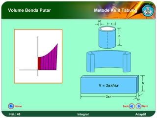 Volume Benda Putar              Metode Kulit Tabung

                                 ∆r
                                            r



                                                h




                                                                 h
                                  V = 2πrhΔr

                                      2πr
                                                            Δr

   Home                                             Back         Next


Hal.: 48             Integral                              Adaptif
 