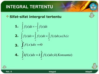 INTEGRAL TERTENTU

 Sifat-sifat intergral tertentu
                   b             a
          1.   ∫ f ( x)dx = − ∫ f ( x)dx
                   a             b
               c             b             c
          2.   ∫ f ( x )dx = ∫ f ( x )dx = ∫ f ( x )dx; a∠ b∠ c
               a            a              b
               a

          3.   ∫ f ( x ) dx =0
               a
                   b                 b

          4.   ∫ kf ( x )dx = k ∫ f ( x )dx; k ( Konsanta)
                   a                 a




Hal.: 8                                    Integral               Adaptif
 