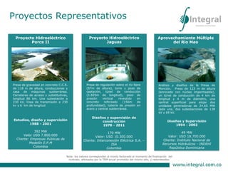 Proyecto Hidroeléctrico
Jaguas
Diseños y supervisión de
construcción
1978 - 2011
170 MW
Valor: USD 10.300.000
Cliente: Interconexión Eléctrica S.A. –
ISA
Colombia
Presa de regulación sobre el río Nare
(57m de altura), torre y pozo de
captación, túnel de conducción
(1.825m de longitud), pozo de
presión vertical revestido en
concreto reforzado (156m de
profundidad), tubería de presión en
acero y central subterránea.
Aprovechamiento Múltiple
del Río Mao
Diseños y Supervisión
1994 - 2002
49 MW
Valor: USD 18.700.000
Cliente: Instituto Nacional de
Recursos Hidráulicos - INDRHI
República Dominicana
Análisis y diseños de la Presa de
Monción. Presa de 123 m de altura
(enrocado con núcleo impermeable),
un túnel de conducción de 4 km de
longitud y 4 m de diámetro, una
central superficial para alojar dos
unidades generadoras de 24.65 MW
cada una, dos subestaciones de 138
kV y 69 kV.
Proyectos Representativos
Nota: los valores corresponden al monto facturado al momento de finalización del
contrato, afectados por la TRM anual promedio del mismo año, y redondeados.
Proyecto Hidroeléctrico
Porce II
Estudios, diseño y supervisión
1988 - 2001
392 MW
Valor USD 7.800.000
Cliente: Empresas Públicas de
Medellín E.P.M
Colombia
Presa de gravedad en concreto C.C.R.
de 118 m de altura, conducciones y
casa de máquinas subterránea.
Carreteras de acceso y substitutivas,
longitud 86 km. Una subestación a
230 kV, línea de transmisión a 230
kv y 6 km de longitud
 