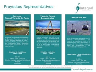 Carretera
Troncal Variante del Porce
Estudios de factibilidad
1987 - 1996
282 Km
Valor: USD 2.700.00
Cliente: Instituto Nacional de Vías de
Bogotá
Colombia
Sustituye la carretera entre Medellín
y Caucasia. Tiene una corona de
10.90: bermas laterales de 1.80 y
calzada de 7.30 m, de los cuales 110
km intermedios serán totalmente
nuevos entre los cañones de los ríos
Porce y Tinitá.
Viaducto Pereira
Dosquebradas
Estudios y diseños
1992 - 1993
615 m
Valor: USD 1.400.000
Cliente: Área Metropolitana Centro
Occidente.
Colombia
Puente atirantado de 615 m de
longitud, con superestructura
metálica apoyada sobre dos torres
de concreto de 104 m de altura, con
una luz principal central de 211 m,
24 m de ancho para 4 carriles de
circulación vehicular y andenes
laterales.
Nota: los valores corresponden al monto facturado al momento de finalización del
contrato, afectados por la TRM anual promedio del mismo año, y redondeados.
Proyectos Representativos
Metro Cable Arví
Supervisión y dirección técnica
2005
4,469 m
Valor: USD 1.200.000
Cliente: Metro de Medellín Ltda.
Colombia
Línea turística por cable aéreo con 27
Cabinas desenganchables que
recorren un trayecto de 4.469 m. El
sistema cuenta con 2 estaciones y 23
pilonas. El Metro Cable transporta
hasta 600 usuarios/hora a una
velocidad de 6 metros/segundo.
 