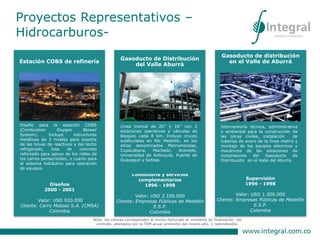 Proyectos Representativos –
Hidrocarburos-
Estación COBS de refinería
Diseños
2000 - 2001
Valor: USD 920.000
Cliente: Cerro Matoso S.A. (CMSA)
Colombia
Diseño para la estación COBS
(Combustion Oxygen Blower
System). Incluye estructuras
metálicas de 3 niveles para soporte
de las tolvas de reactivos y del techo
refrigerado, losa de concreto
reforzado para apoyo de los rieles de
los carros portacrisoles, y cuarto para
el sistema hidráulico para operación
de equipos.
Gasoducto de Distribución
del Valle Aburrá
Consultoría y servicios
complementarios
1996 - 1998
Valor: USD 2.100.000
Cliente: Empresas Públicas de Medellín
E.S.P.
Colombia
Línea troncal de 20’’ y 16’’ con 3
estaciones operativas y válvulas de
bloqueo cada 8 km. Incluye cruces
subfluviales en Río Medellín, en los
sitios denominados Metromezclas,
Copacabana, Machado, Acevedo,
Universidad de Antioquia, Puente de
Guayaquil y Sofasa.
Gasoducto de distribución
en el Valle de Aburrá
Supervisión
1996 - 1998
Valor: USD 1.500.000
Cliente: Empresas Públicas de Medellín
E.S.P.
Colombia
Interventoría técnica, administrativa
y ambiental para la construcción de
las obras civiles, instalación de
tuberías de acero de la línea matriz y
montaje de los equipos eléctricos y
mecánicos de las estaciones de
compresores del Gasoducto de
Distribución en el Valle del Aburrá.
Nota: los valores corresponden al monto facturado al momento de finalización del
contrato, afectados por la TRM anual promedio del mismo año, y redondeados.
 
