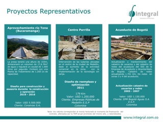 Acueducto de Bogotá
Actualización catastro de
usuarios y redes
2005 - 2007
Valor: USD 1.150.000
Cliente: EPM Bogotá Aguas S.A.
E.S.P.
Colombia
Actualización y mantenimiento del
catastro de usuarios y del catastro de
redes del acueducto del SIG de la
Empresa de Acueducto y Alcantarillado
de Bogotá. Catastro de redes
actualizando 1.701 Km. De redes en
zonas 3 y 4 del acueducto.
Aprovechamiento río Tona
(Bucaramanga)
Diseño para construcción y
asesoría durante la construcción
y operación
2010 - 2016
Valor: USD 5.500.000
Cliente: Conalvias S.A.
La presa tendrá una altura de 103m,
Almacenará un volumen de 17,6 Mm3
de agua y regulará un caudal de 1.000
litros por segundo. Contará con una
Planta de Tratamiento de 1.200 l/s de
capacidad.
Centro Parrilla
Diseño de reemplazo y
optimización
2011
179 Km
Valor: USD 1.200.000
Cliente: Empresas Públicas de
Medellín E.S.P
Colombia
Intervención de las tuberías ubicadas
en el centro de la ciudad de Medellín,
dado el aumento de la actividad
comercial en la zona, con la
implementación de la tecnología sin
zanja.
Nota: los valores corresponden al monto facturado al momento de finalización del
contrato, afectados por la TRM anual promedio del mismo año, y redondeados.
Proyectos Representativos
 