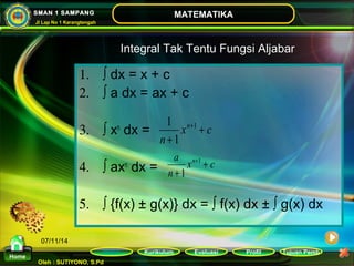 n + 
+1 
1 
x c 
n 
1 
+ 
a n + 
+ 
+1 
1 
x c 
n 
Kurikulum Evaluasi Profil Tujuan Pemb 
Oleh : SUTIYONO, S.Pd 
MATEMATIKA 
Materi 
Home 
SMAN 1 SAMPANG 
Jl Lap No 1 Karangtengah 
07/11/14 
Integral Tak Tentu Fungsi Aljabar 
1. ò dx = x + c 
2. ò a dx = ax + c 
3. ò xn dx = 
4. ò axn dx = 
5. ò {f(x) ± g(x)} dx = ò f(x) dx ± ò g(x) dx 
 