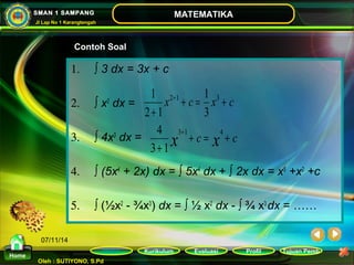 1 
x 2+1 + c = 1 
x 3 
+ c 
+ 
3 
x + c = x + c 
+ 
2 1 
3+1 4 
4 
3 1 
Kurikulum Evaluasi Profil Tujuan Pemb 
Oleh : SUTIYONO, S.Pd 
MATEMATIKA 
Materi 
Home 
SMAN 1 SAMPANG 
Jl Lap No 1 Karangtengah 
07/11/14 
Contoh Soal 
1. ò 3 dx = 3x + c 
2. ò x2 dx = 
3. ò 4x3 dx = 
4. ò (5x4 + 2x) dx = ò 5x4 dx + ò 2x dx = x5 +x2 +c 
5. ò (½x2 - ¾x3) dx = ò ½ x2 dx - ò ¾ x3 dx = …… 
 