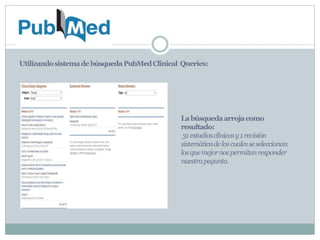 UtilizandosistemadebúsquedaPubMedClinical Queries:
Labúsquedaarrojacomo
resultado:
31estudiosclínicosy1revisión
sistemáticadeloscualesseseleccionan
losquemejornospermitanresponder
nuestrapegunta.
 