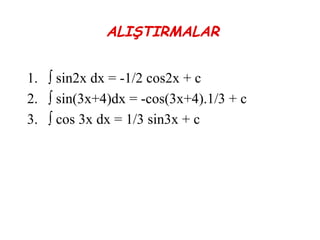 ALIŞTIRMALAR


1. ∫ sin2x dx = -1/2 cos2x + c
2. ∫ sin(3x+4)dx = -cos(3x+4).1/3 + c
3. ∫ cos 3x dx = 1/3 sin3x + c
 