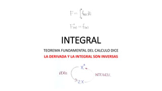 INTEGRAL
TEOREMA FUNDAMENTAL DEL CALCULO DICE
LA DERIVADA Y LA INTEGRAL SON INVERSAS
 