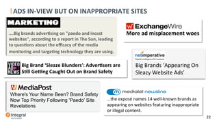  
	
  
….Big	
  brands	
  adverWsing	
  on	
  "paedo	
  and	
  incest	
  
websites",	
  according	
  to	
  a	
  report	
  in	
  The	
  Sun,	
  leading	
  
to	
  quesWons	
  about	
  the	
  eﬃcacy	
  of	
  the	
  media	
  
monitoring	
  and	
  targeWng	
  technology	
  they	
  are	
  using.	
  
ADS	
  IN-­‐VIEW	
  BUT	
  ON	
  INAPPROPRIATE	
  SITES	
  	
  	
  
Big	
  Brand	
  ‘Sleaze	
  Blunders':	
  AdverWsers	
  are	
  
SWll	
  Gehng	
  Caught	
  Out	
  on	
  Brand	
  Safety	
  
Where's Your Name Been? Brand Safety
Now Top Priority Following 'Paedo' Site
Revelations
More	
  ad	
  misplacement	
  woes	
  
Big	
  Brands	
  ‘Appearing	
  On	
  
Sleazy	
  Website	
  Ads’	
  
…the	
  exposé	
  names	
  14	
  well-­‐known	
  brands	
  as	
  
appearing	
  on	
  websites	
  featuring	
  inappropriate	
  
or	
  illegal	
  content.	
  
	
  
	
  
	
  	
  	
  
22	
  
 