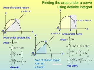 Finding the area under a curve
Area of shaded region                                   using definite integral
                       y = 6x + 4
                                                                      y
    y
                                                                                    Q
              Q
                                                                                        y = – 3x2 + 10x + 8


                                                                  P
                                                                      0             2
                                                                                                        x
P
    0                               x
                                                            y = 6x + 4    Area under curve
                                        y                                       2
Area under straight line
          2                                                              Area = ∫ ydx
Area = ∫ ydx
                                                        Q                       0
                                                                                2
                                                                              = ∫ (−3 x 2 + 10 x + 8)dx
          2
          0
        = ∫ (6 x + 4)dx                                                         0                           2
          0             2                                                        − 3 x 3 10 x 2     
          6x2                     P
                                                                          x    =        +       + 8x
        =     + 4 x                   0                                        3         2        0
          2        0
                                                                                 − 3(2) 3 10(2) 2        
          6(2)
        =
               2
                       
                + 4(2)  − 0
                                        Area of shaded region                  =
                                                                                 3       +        + 8(2)  − 0
                                                                                                          
          2                                                                               2            
                                      =28 - 20
                                                                               =28 unit2.
        =20 unit . 2                    = 8 unit   2.
 