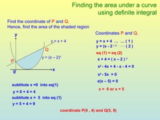 Finding the area under a curve
                                              using definite integral
Find the coordinate of P and Q.
Hence, find the area of the shaded region
     y                                           Coordinates P and Q.
                        y=x+4                    y=x+4 … …(1)
                                                 y = (x - 2 ) 2 …….. ( 2 )
                    Q
                                                 eq (1) = eq (2)
                  y = (x – 2)2                    x+4=(x–2)2
 P
                                                  x2 - 4x + 4 - x - 4 = 0
                        x
  0
                                                  x2 - 5x = 0
                                                  x(x – 5) = 0
  subtitute x =0 into eq(1)
                                                   x = 0 or x = 5
  y=0+4=4
  subtitute x = 5 into eq (1)
  y=5+4=9
                              coordinate P(0 , 4) and Q(5, 9)
 
