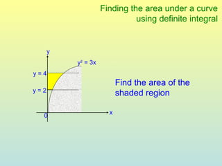 Finding the area under a curve
                              using definite integral


      y
          y2 = 3x
y=4
                          Find the area of the
y=2
                          shaded region

                      x
  0
 