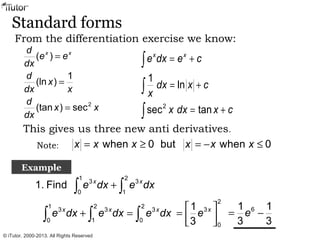 Standard forms
From the differentiation exercise we know:
2
( )
1
(ln )
(tan ) sec
x xd
e e
dx
d
x
dx x
d
x x
dx
=
=
=
This gives us three new anti derivatives.
2
1
ln
sec tan
x x
e dx e c
dx x c
x
x dx x c
= +
= +
= +
∫
∫
∫
Note: when 0 but when 0x x x x x x= ≥ = − ≤
Example
1 2
3 3
0 1
1. Find x x
e dx e dx+∫ ∫
1 2 2
3 3 3
0 1 0
x x x
e dx e dx e dx+ =∫ ∫ ∫
2
3
0
1
3
x
e
 
=   
61 1
3 3
e= −
© iTutor. 2000-2013. All Rights Reserved
 