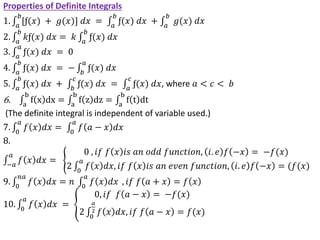 Properties of Definite Integrals
1. 𝑎
𝑏
[ƒ(𝑥) + 𝑔(𝑥)] 𝑑𝑥 = 𝑎
𝑏
ƒ(𝑥) 𝑑𝑥 + 𝑎
𝑏
𝑔(𝑥) 𝑑𝑥
2. 𝑎
𝑏
𝑘ƒ(𝑥) 𝑑𝑥 = 𝑘 𝑎
𝑏
ƒ(𝑥) 𝑑𝑥
3. 𝑎
𝑎
ƒ(𝑥) 𝑑𝑥 = 0
4. 𝑎
𝑏
ƒ(𝑥) 𝑑𝑥 = − 𝑏
𝑎
ƒ(𝑥) 𝑑𝑥
5. 𝑎
𝑏
ƒ(𝑥) 𝑑𝑥 + 𝑏
𝑐
ƒ(𝑥) 𝑑𝑥 = 𝑎
𝑐
ƒ(𝑥) 𝑑𝑥, where 𝑎 < 𝑐 < 𝑏
6. a
b
f x dx = a
b
f z dz = a
b
f t dt
(The definite integral is independent of variable used.)
7. 0
𝑎
𝑓 𝑥 𝑑𝑥 = 0
𝑎
𝑓 𝑎 − 𝑥 𝑑𝑥
8.
−𝑎
𝑎
𝑓 𝑥 𝑑𝑥 =
0 , 𝑖𝑓 𝑓 𝑥 𝑖𝑠 𝑎𝑛 𝑜𝑑𝑑 𝑓𝑢𝑛𝑐𝑡𝑖𝑜𝑛, 𝑖. 𝑒 𝑓 −𝑥 = −𝑓(𝑥)
2 0
𝑎
𝑓 𝑥 𝑑𝑥, 𝑖𝑓 𝑓 𝑥 𝑖𝑠 𝑎𝑛 𝑒𝑣𝑒𝑛 𝑓𝑢𝑛𝑐𝑡𝑖𝑜𝑛, 𝑖. 𝑒 𝑓 −𝑥 = (𝑓(𝑥)
9. 0
𝑛𝑎
𝑓 𝑥 𝑑𝑥 = 𝑛 0
𝑎
𝑓 𝑥 𝑑𝑥 , 𝑖𝑓 𝑓 𝑎 + 𝑥 = 𝑓 𝑥
10. 0
𝑎
𝑓 𝑥 𝑑𝑥 =
0, 𝑖𝑓 𝑓 𝑎 − 𝑥 = −𝑓(𝑥)
2 0
𝑎
2 𝑓 𝑥 𝑑𝑥, 𝑖𝑓 𝑓 𝑎 − 𝑥 = 𝑓(𝑥)
 
