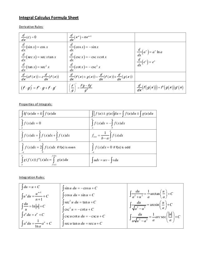 Integral Calculus Formula Sheet