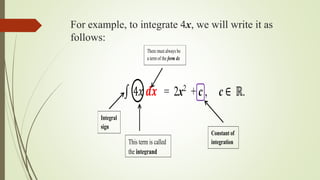 For example, to integrate 4x, we will write it as
follows:
4𝑥 𝒅𝒙 = 2x2
+ c , c ∈ ℝ.
Integral
sign
This term is called
the integrand
There must always be
a term of the form dx
Constant of
integration
 