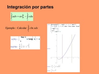 Integración por partes 
b 
     
a 
b 
b 
a udv uv vdu 
a 
e 
x xdx 
1 
Ejemplo : Calcular ln 
 
In[78]:= 
Exp 1 
1 
x Log x x 
Out[78]= 
1 
4 
1 
2 
In[23]:= ContourPlot y x Log x , x 1, x Exp 1 , 
x, 1, 4 , y, 1, 4 , Axes True, Frame False 
x Log x x 
Exp 1 
1 
x Log x x 
Out[23]= 
4 
3 
2 
1 
1 1 2 3 4 
1 
Out[24]= 
x2 
4 
1 
2 
2 
Log x 
x 
Out[25]= 
1 
4 
1 
2 
 