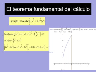 El teorema fundamental del cálculo 
1 
4 
  
0 
1 
3 
3 
Ejemplo : Calcular (x 4x )dx 
2 
 
 
x x dx x x C 
1 
3 
0 
4 
3 
4 
7 
4 
3 
F x x x 
   
1 7 
3 
0 
1 
3 
4 
3 
3 
3 
4 
3 
7 
3 
1 
3 
3 
3 
7 
3 
 
3 (1) ( 1) 
3 
7 
( 4 ) 
3 
7 
( ) 
4 
4 
7 
Se sabe que : ( 4 ) 
x x dx x x F F u 
     
 
   
 
 
 
 
 
 
 
   
 
 
 