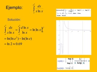 2 
Ejemplo:  
dx 
ln 
e 
e x x 
dx e 
 
d ln 
x 
    
e e 
  
ln(ln ) ln(ln ) 
ln 2 0.69 
ln ln 
ln 
ln 
2 
2 
2 2 
  
x 
x 
x x 
e 
e 
e 
e 
e 
Solución: 
ContourPlot y 
1 
x Log x 
2 4 6 8 10 
2 
1 
1 
2 
3 
4 
5 
In[68]:= 
Exp 2 1 
Exp 1 
x Log x 
x 
Out[68]= Log 2 
, x Exp 1 , x Exp 2 , 
x, 1, 10 , y, 5, 2 , Axes True, 
Frame False 
 