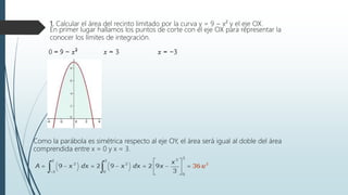 1. Calcular el área del recinto limitado por la curva y = 9 − x² y el eje OX.
En primer lugar hallamos los puntos de corte con el eje OX para representar la
conocer los límites de integración.
Como la parábola es simétrica respecto al eje OY, el área será igual al doble del área
comprendida entre x = 0 y x = 3.
 