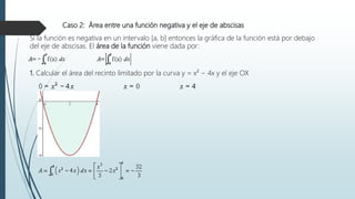 Caso 2: Área entre una función negativa y el eje de abscisas
Si la función es negativa en un intervalo [a, b] entonces la gráfica de la función está por debajo
del eje de abscisas. El área de la función viene dada por:
1. Calcular el área del recinto limitado por la curva y = x² − 4x y el eje OX
 