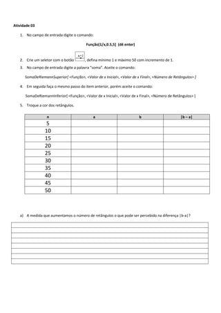 Atividade 03
1. No campo de entrada digite o comando:
Função[1/x,0.5,5] (dê enter)
2. Crie um seletor com o botão , defina mínimo 1 e máximo 50 com incremento de 1.
3. No campo de entrada digite a palavra “soma”. Aceite o comando:
SomaDeRiemannSuperior[ <Função>, <Valor de x Inicial>, <Valor de x Final>, <Número de Retângulos> ]
4. Em seguida faça o mesmo passo do item anterior, porém aceite o comando:
SomaDeRiemannInferior[ <Função>, <Valor de x Inicial>, <Valor de x Final>, <Número de Retângulos> ]
5. Troque a cor dos retângulos.
n a b |b – a|
5
10
15
20
25
30
35
40
45
50
a) A medida que aumentamos o número de retângulos o que pode ser percebido na diferença |b-a|?
 