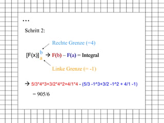 ... [F(x)] a b    F( b ) – F( a ) = Integral  Rechte Grenze (=4) Linke Grenze (= -1) Schritt 2:    5/3*4^3+3/2*4^2+4/1*4  -  (5/3 -1^3+3/2 -1^2 + 4/1 -1) F(b)  –  F(a)  = Integral = 905/6 