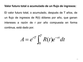 15
Valor futuro total o acumulado de un flujo de ingresos:
El valor futuro total, o acumulado, después de T años, de
un flujo de ingresos de R(t) dólares por año, que ganan
intereses a razón de r por año compuesta en forma
continua, está dado por.
dt
e
t
R
e
A rt
T
rT 


0
)
(
 