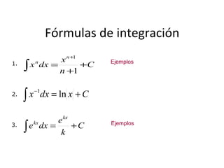 Fórmulas de integración
1.

x n +1
x n dx =
+C
∫
n +1

2.

x −1dx = ln x + C
∫

3.

e kx
kx
∫ e dx = k + C

Ejemplos

Ejemplos

 