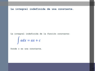 La integral indefinida de una constante.

La integral indefinida de la función constante:

Donde c es una constante.

 