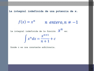 La integral indefinida de una potencia de x.

La integral indefinida de la función

Donde c es una constante arbitraria.

es:

 