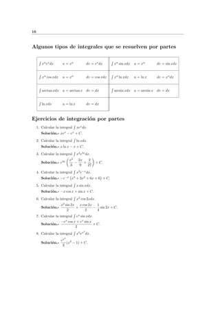 16
Algunos tipos de integrales que se resuelven por partes
xn
ex
dx u = xn
dv = ex
dx xn
sin xdx u = xn
dv = sin xdx
xn
cos xdx u = xn
dv = cos xdx xn
ln xdx u = ln x dv = xn
dx
arctan xdx u = arctan x dv = dx arcsin xdx u = arcsin x dv = dx
ln xdx u = ln x dv = dx
Ejercicios de integraci´on por partes
1. Calcular la integral xex
dx.
Soluci´on.- xex
− ex
+ C.
2. Calcular la integral ln xdx.
Soluci´on.- x ln x − x + C.
3. Calcular la integral x2
e3x
dx.
Soluci´on.- e3x x2
3
−
2x
9
+
2
27
+ C.
4. Calcular la integral x3
e−x
dx.
Soluci´on.- −e−x
x3
+ 3x2
+ 6x + 6 + C.
5. Calcular la integral x sin xdx.
Soluci´on.- −x cos x + sin x + C.
6. Calcular la integral x2
cos 2xdx.
Soluci´on.-
x2
sin 2x
2
+
x cos 2x
2
−
1
4
sin 2x + C.
7. Calcular la integral ex
sin xdx.
Soluci´on.-
−ex
cos x + ex
sin x
2
+ C.
8. Calcular la integral x5
ex3
dx.
Soluci´on.-
ex3
3
(x3
− 1) + C.
 