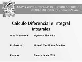 Cálculo Diferencial e Integral
Integrales
Área Académica: Ingeniería Mecánica
Profesor(a): M. en C. Yira Muñoz Sánchez
Periodo: Enero – Junio 2015
 