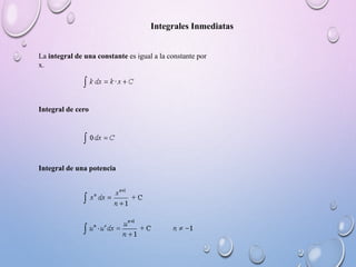La integral de una constante es igual a la constante por
x.
Integrales Inmediatas
Integral de cero
Integral de una potencia
 