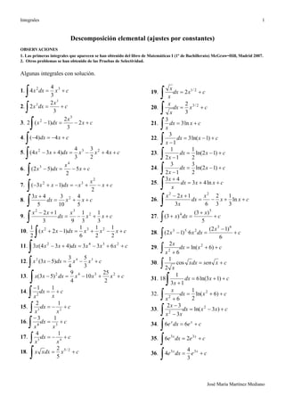 Integrales
José María Martínez Mediano
1
Descomposición elemental (ajustes por constantes)
OBSERVACIONES
1. Las primeras integrales que aparecen se han obtenido del libro de Matemáticas I (1º de Bachillerato) McGraw-Hill, Madrid 2007.
2. Otros problemas se han obtenido de las Pruebas de Selectividad.
Algunas integrales con solución.
1. cxdxx 
 32
3
4
4
2. c
x
dxx 
 3
2
2
3
2
3. cx
x
dxx 
 2
3
2
)1(2
3
2
4. cxdx 
 4)4(
5. cxxxdxxx 
 4
2
3
3
4
)434( 232
6. cx
x
dxx 
 5
2
)52(
4
3
7. cx
x
xdxxx 
 2
)13(
2
32
8. cxxdx
x


 5
4
10
3
5
43 2
9. cxx
x
dx
xx


 3
1
3
1
93
12 2
32
10. cxxxdxxx 
 2
1
2
1
6
1
)12(
2
1 232
11. cxxxdxxxx 
 2342
633)434(3
12. cxxdxxx 

342
3
5
4
3
)53(
13. 
 dxxx 2
)53( cxxx  234
2
25
10
4
9
14. c
x
dx
x



11
2
15. c
x
dx
x

 23
12
16. c
x
dx
x


 34
13
17. c
x
dx
x

 45
14
18. cxdxxx 
 2/5
5
2
19. cxdx
x
x

 2/1
2
20. cxdx
x
x

 2/3
3
2
21. cxdx
x

 ln3
3
22. cxdx
x

 )1ln(3
1
3
23. cxdx
x

 )12ln(
2
1
12
1
24. cxdx
x

 )12ln(
2
3
12
3
25. cxxdx
x
x


 ln43
43
26. cxx
x
dx
x
xx


 ln
3
1
3
2
63
12 22
27. c
x
dxx 


 5
)3(
)3(
5
4
28. c
x
dxxx 


 6
)12(
6·)12(
63
253
29. cxdx
x
x

 )6ln(
6
2 2
2
30. cxsendxx
x

 cos
2
1
31. cxdx
x

 )13ln(6
13
1
18
32. cxdx
x
x

 )6ln(
2
1
6
2
2
33. cxxdx
xx
x



 )3ln(
3
32 2
2
34. cedxe xx

 66
35. cedxe xx

 33
26
36. cedxe xx

 33
3
4
4
 