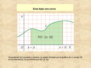 Área bajo una curva
Suponiendo f(x) acotada y positiva, la región limitada por la gráfica de f y el eje OX
en el intervalo...