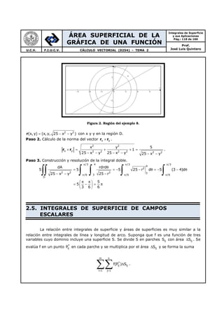 ÁREA SUPERFICIAL DE LA
GRÁFICA DE UNA FUNCIÓN
Integrales de Superficie
y sus Aplicaciones
Pág.: 118 de 160
Prof.
José Luis QuinteroU.C.V. F.I.U.C.V. CÁLCULO VECTORIAL (0254) - TEMA 2
Figura 2. Región del ejemplo 8.
r 2 2
(x, y) (x, y, 25 x y )= − − con x y y en la región D.
Paso 2. Cálculo de la norma del vector r rx y× .
r r
2 2
x y 2 2 2 2 2 2
x y 5
1
25 x y 25 x y 25 x y
× = + + =
− − − − − −
.
Paso 3. Construcción y resolución de la integral doble.
/3 4 /3 /3
4
2
2 2 2 3
/6 3 /6 /6
D
dA rdrd
5 5 5 25 r d 5 (3 4)d
25 x y 25 r
5
5
3 6 6
π π π
π π π
θ
= = − − θ = − − θ
− − −
π π 
= − = π 
 
∫∫ ∫ ∫ ∫ ∫
2.5. INTEGRALES DE SUPERFICIE DE CAMPOS
ESCALARES
La relación entre integrales de superficie y áreas de superficies es muy similar a la
relación entre integrales de línea y longitud de arco. Suponga que f es una función de tres
variables cuyo dominio incluye una superficie S. Se divide S en parches ijS con área ijS∆ . Se
evalúa f en un punto *
ijP en cada parche y se multiplica por el área ijS∆ y se forma la suma
m n
*
ij ij
i 1 j 1
f(P ) S
= =
∆
∑∑ .
 