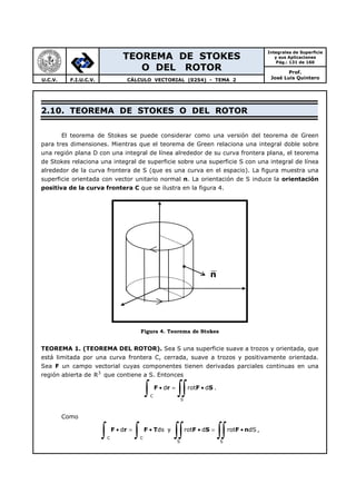 TEOREMA DE STOKES
O DEL ROTOR
Integrales de Superficie
y sus Aplicaciones
Pág.: 131 de 160
Prof.
José Luis QuinteroU.C.V. F.I.U.C.V. CÁLCULO VECTORIAL (0254) - TEMA 2
2.10. TEOREMA DE STOKES O DEL ROTOR
El teorema de Stokes se puede considerar como una versión del teorema de Green
para tres dimensiones. Mientras que el teorema de Green relaciona una integral doble sobre
una región plana D con una integral de línea alrededor de su curva frontera plana, el teorema
de Stokes relaciona una integral de superficie sobre una superficie S con una integral de línea
alrededor de la curva frontera de S (que es una curva en el espacio). La figura muestra una
superficie orientada con vector unitario normal n. La orientación de S induce la orientación
positiva de la curva frontera C que se ilustra en la figura 4.
Figura 4. Teorema de Stokes
TEOREMA 1. (TEOREMA DEL ROTOR). Sea S una superficie suave a trozos y orientada, que
está limitada por una curva frontera C, cerrada, suave a trozos y positivamente orientada.
Sea F un campo vectorial cuyas componentes tienen derivadas parciales continuas en una
región abierta de 3
R que contiene a S. Entonces
C
S
d rot d• = •
∫ ∫∫F r F S .
Como
C C
d ds• = •
∫ ∫F r F T y
S S
rot d rot dS• = •
∫∫ ∫∫F S F n ,
•
n
 
