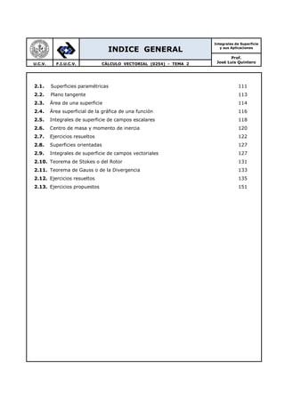 INDICE GENERAL
Integrales de Superficie
y sus Aplicaciones
Prof.
José Luis QuinteroU.C.V. F.I.U.C.V. CÁLCULO VECTORIAL (0254) - TEMA 2
2.1. Superficies paramétricas
2.2. Plano tangente
2.3. Área de una superficie
2.4. Área superficial de la gráfica de una función
2.5. Integrales de superficie de campos escalares
2.6. Centro de masa y momento de inercia
2.7. Ejercicios resueltos
2.8. Superficies orientadas
2.9. Integrales de superficie de campos vectoriales
2.10. Teorema de Stokes o del Rotor
2.11. Teorema de Gauss o de la Divergencia
2.12. Ejercicios resueltos
2.13. Ejercicios propuestos
111
113
114
116
118
120
122
127
127
131
133
135
151
 