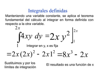 Integrales definidas
Manteniendo una variable constante, se aplica el teorema
fundamental del cálculo al integrar en forma definida con
respecto a la otra variable.

x
dy
xy
2
1
4
Integrar en y, x es fija
El resultado es una función de x

2
2
2
1
y
x
x

2
2
1
2
)
2
(
2 x
x
x 
 x
x 2
8 3


Sustituimos y por los
límites de integración
 