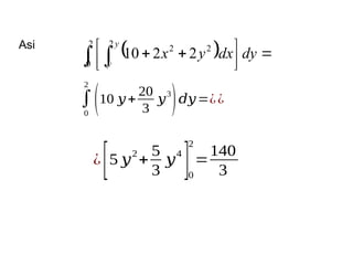 Asi
  





 

  dy
dx
y
x
y
y
2
0
2
2
2
2
2
10
∫
0
2
(10 𝑦+
20
3
𝑦
3
)𝑑𝑦=¿¿
¿
[5 𝑦2
+
5
3
𝑦4
]0
2
=
140
3
 