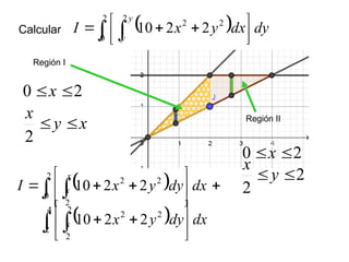 Calcular   dy
dx
y
x
I
y
y
  




 


2
0
2
2
2
2
2
10
2
0 
x
x
y
x


2
Región I
2
0 
x
2
2

y
x
Región II
  








  dx
dy
y
x
I
x
x
2
0
2
2
2
2
2
10
  dx
dy
y
x
x
  







4
2
2
2
2
2
2
2
10
 
