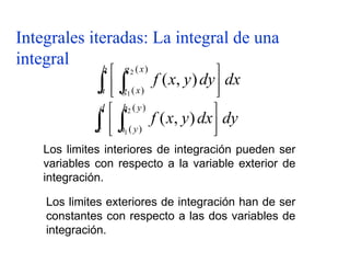 Integrales iteradas: La integral de una
integral
dx
dy
y
x
f
b
a
x
g
x
g
  




 )
(
)
(
2
1
)
,
(
Los limites interiores de integración pueden ser
variables con respecto a la variable exterior de
integración.
dy
dx
y
x
f
d
c
y
h
y
h
  




 )
(
)
(
2
1
)
,
(
Los limites exteriores de integración han de ser
constantes con respecto a las dos variables de
integración.
 